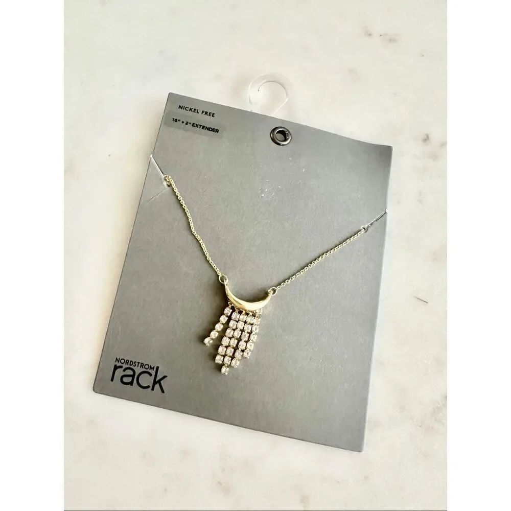 Nordstrom Gold Cubic Zirconia Tassel Necklace | Crystal Fringe Pendant | NWT